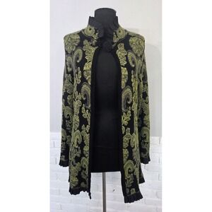 Icelandic Design Long Open Cardigan Women's M Fleur-de-lis‎ Pleated Trim Ribbon